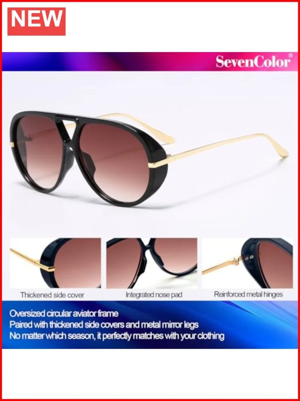 Oversized Aviator Sunglasses Metal Frame UV400 Unisex Retro